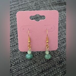 Chic Green & Gold Tone Stainless Steel Glass Bead Handmade Earrings